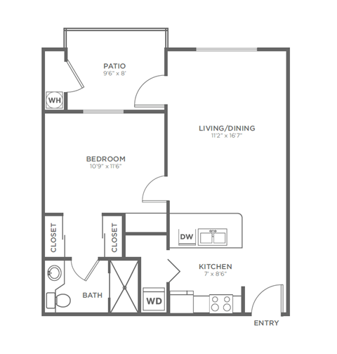 Floor plan for 1 bed, 1 bath, 553 sqft
